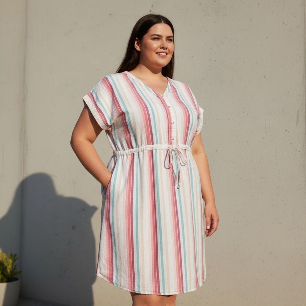 Time and Tru XXL Multicolor Striped Dress Button Front Short Sleeve Tie Waist